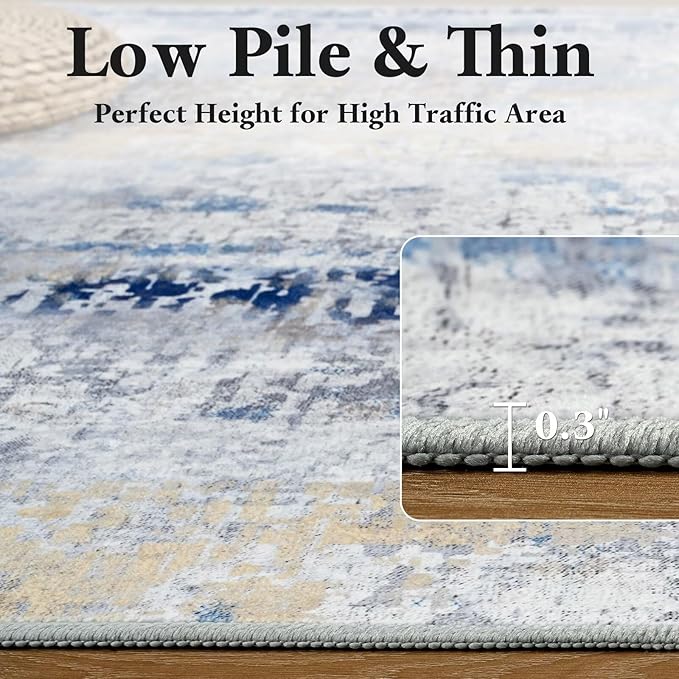 Washable Abstract Rug, 4x6 Modern Area Rugs with Non-Slip Rubber Backed for Living Room, Thin but Soft Contemporary Carpet Kitchen Bedroom Decor, Midnight Blue