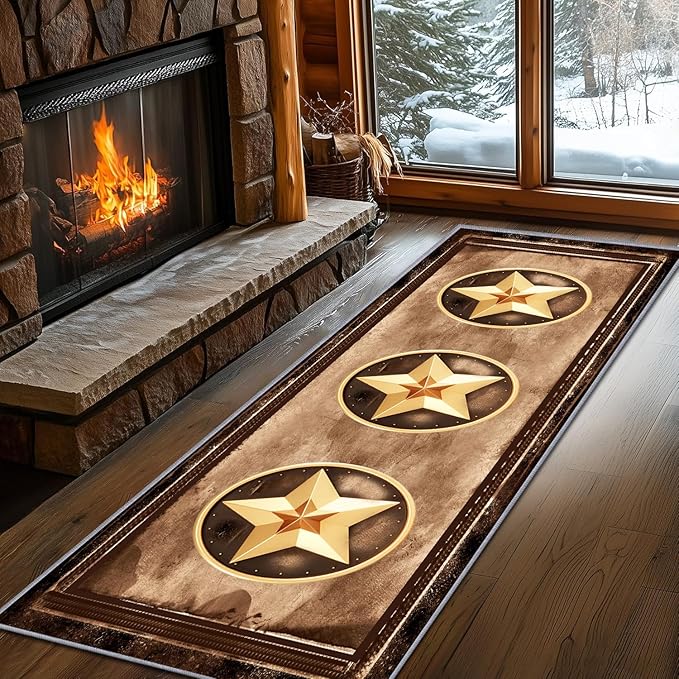 Gold Five-Point Star Runner Rug, 4x12ft Washable Hallway Badge Carpet, Corridor Accent Rugs, Stylish Decorative Runner for Home Hallway & Foyer, Vintage Style Non-Slip Mat