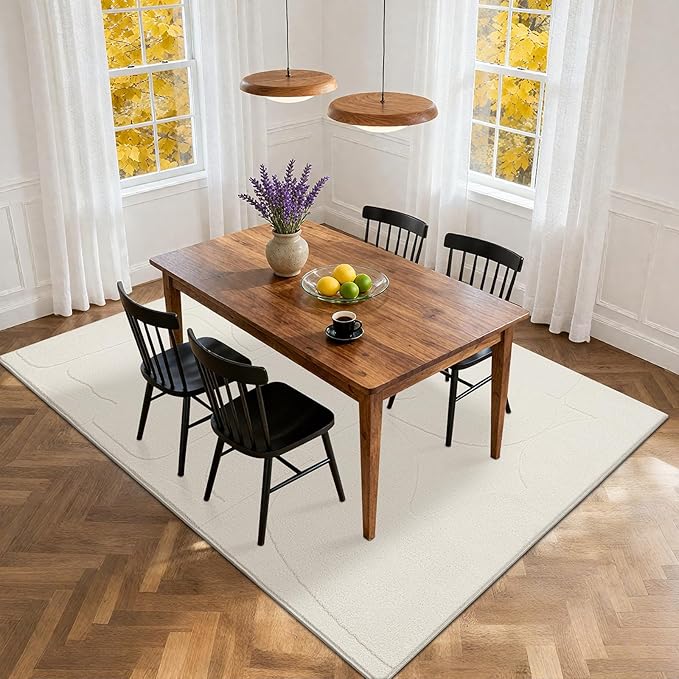 SHACOS Soft Cozy Fluffy Abstract Geometric High Low Pile Area Rugs 5'x7' Non Slip Washable Scandinavian Minimalist Rug Modern Carpet for Living Room Bedroom Dining Room, Cream