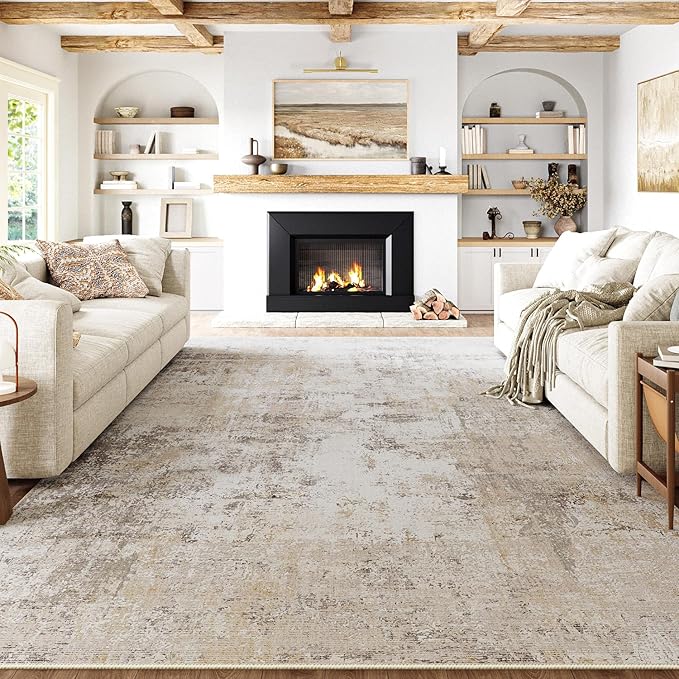 8x10 Washable Area Rug Beige Grey Abstract Living Room Bedroom Carpet Neutral Modern Non Slip Soft Low Pile Indoor Large Throw Rug for Dining Room Office