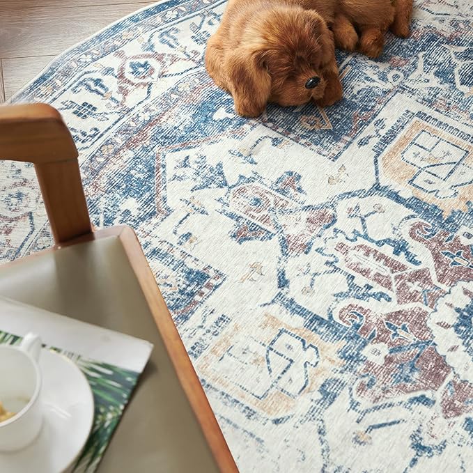 jinchan Kelda Round Rug 6ft Washable Area Rug Indoor Vintage Bedroom Floor Cover Distressed Circle Mat 6' Round Lightweight Non Slip Low Pile Thin Farmhouse Carpet for Living Room Navy Blue