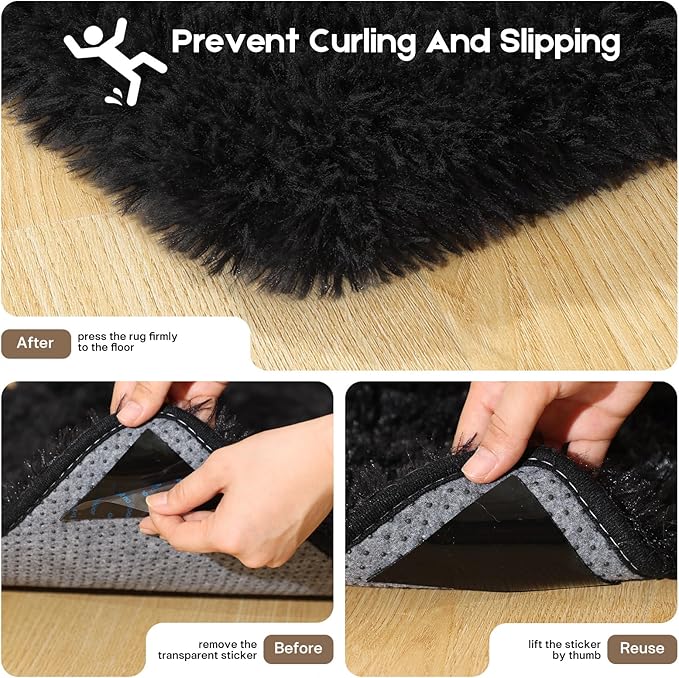 4x6 Black Rug for Bedroom Living Room, Fluffy Small Area Rug Soft Shag Carpet for Kids Boys and Girls Room with 4 Rugs Non-Slip Stickers Dorm Home Decor (4ft x 6ft)