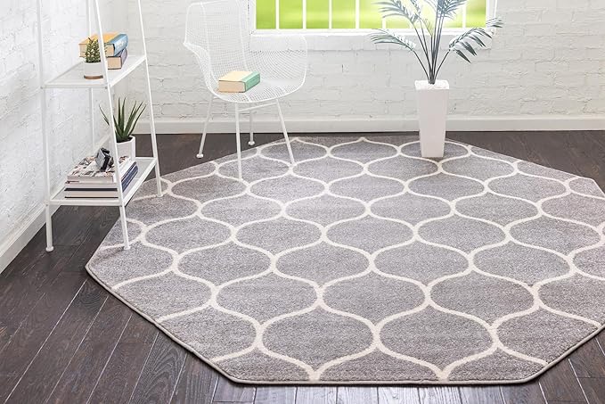 Rugs.com Lattice Frieze Collection Rug – 7' 10 Octagon Light Gray Medium Rug Perfect for Living Rooms, Kitchens, Entryways