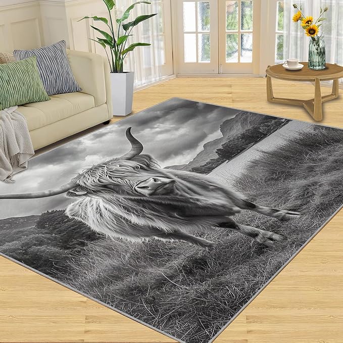 Highland Cattle Rugs for Bedroom - 3x5 Area Rug - Black White Highland Cattle Rugs for Living Room, 3D Natural Landscape Rug, Non-Slip Washable Home Decor Carpet