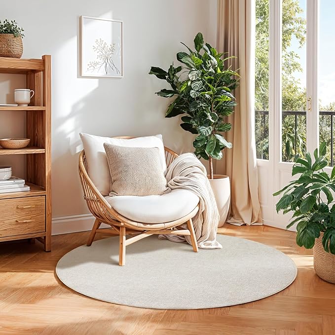 LBRO2M Easy Jute Solid Area Rug 4X4 Round Washable Rugs for Living Room Dining Room Bedroom Natural Jute Look Indoor Outdoor Rug Durable, Solid Non Shedding Eco Friendly (4X4 Light Ivory)