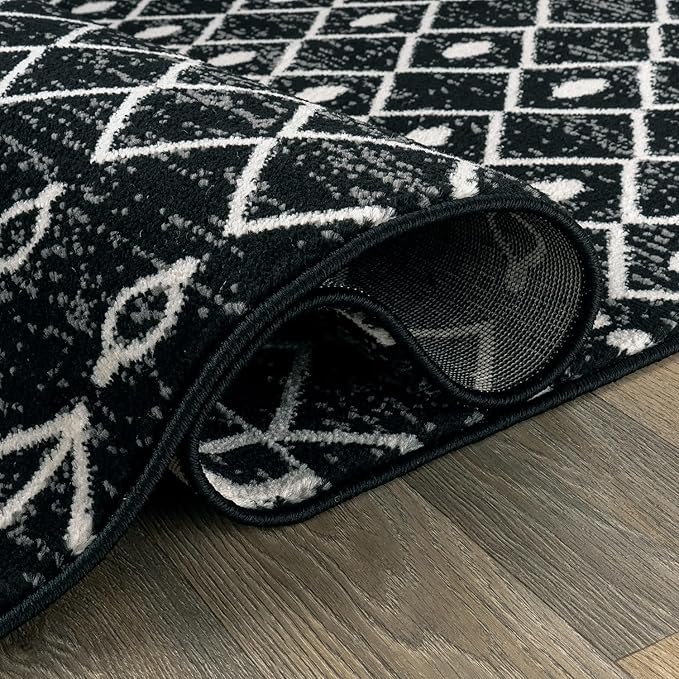 Rugshop Boho Black and White Tribal Area Rug – Geometric Diamond and Stripe Pattern Carpet for Living Room, Bedroom, or Entryway – Soft Modern Bohemian Floor Décor 2' 3" x 12' Runner Black