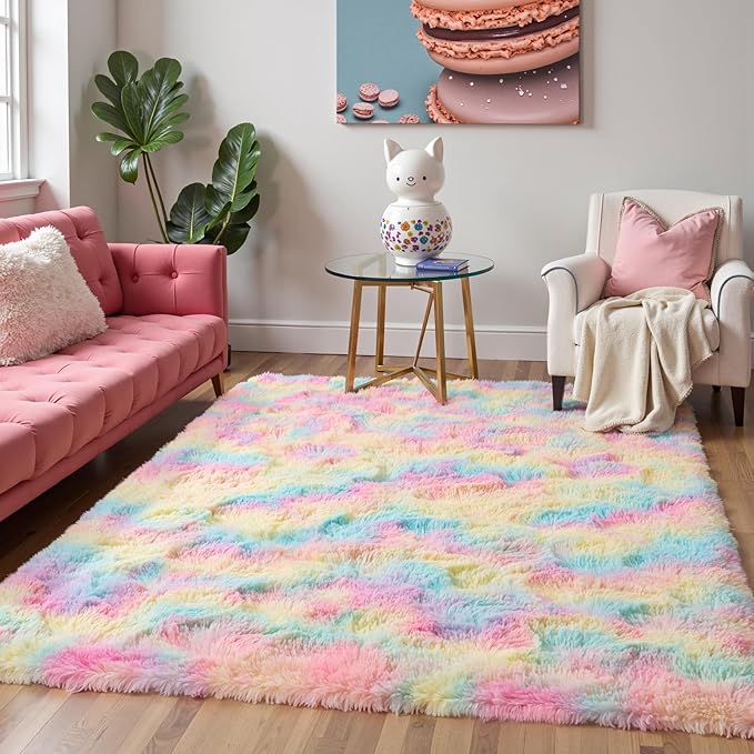 Zentavio Unicorn Rugs for Girls Room 3x5 Area Rugs for Living Room Small Carpet for Bedroom Washable Soft Fluffy Shag Aesthetic Plush High Pile Throw Rug for Nursery Kids Room Dorm Room Rainbow
