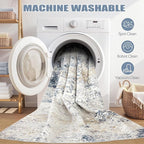 Washable Runner Rug for Hallway: 2.6x8 Neutral Modern Abstract Low Pile Area Rug with Non-Slip Backing - Carpet for Bedroom Kitchen Laundry Entryway Bathroom Indoor - Beige Blue