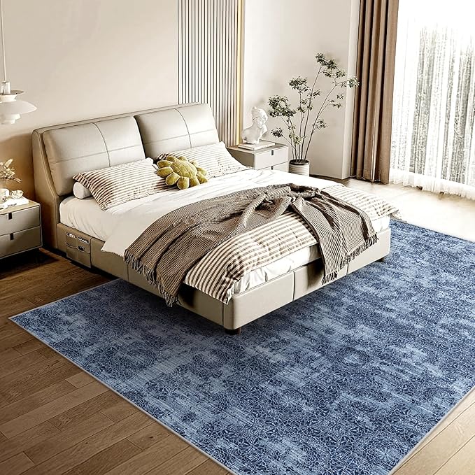 WITSHOCK 5x7 Area Rugs for Living Room: Machine Washable Non Slip Modern Abstract Carpet - Low Pile Print Rug for Bedroom Dining Room - Stain Resistant for Household - Pet Owners (Blue White)
