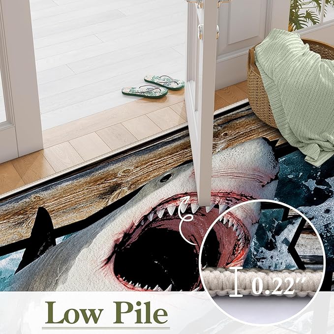 Sea Shark Kids Rugs, 5x8ft, Fierce Shark 3D Printed Carpet for Indoor, Marine Animals Broken Wooden Boards Realistic Effect Floor Mat, Dirty Resistant Machine Washable Carpets for Dorm