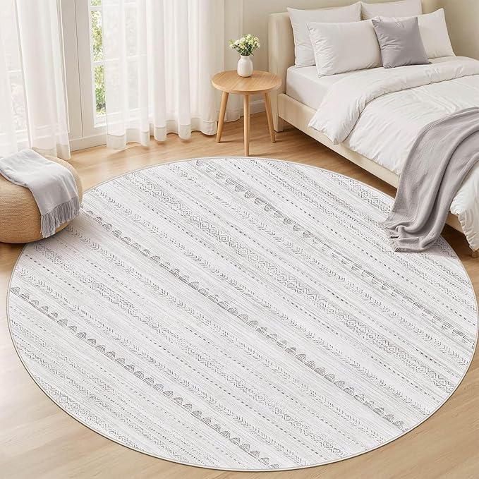 Nakagishi Round Rug Boho Area Rugs: 8x8 Washable Large Circle Neutral Soft Stain Resistant Non-Slip Carpet for Women Aged 25-45 Farmhouse Home Decor Enthusiasts - Living Room Bedroom Dining Room