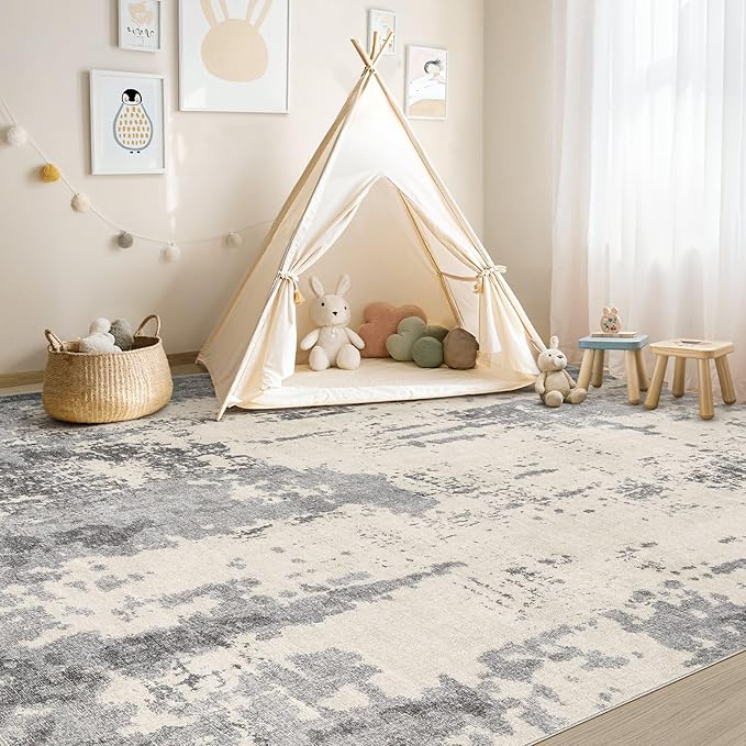 6x9 Area Rug Living Room Rugs - Washable Neutral Modern Abstract Soft Thin Rug Indoor Floor No Slip Rug Carpet for Bedroom Under Dining Table Home Office Decor - Grey/Light Brown