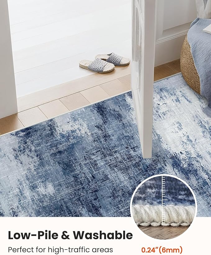 6x9 Area Rugs for Living Room, Modern Abstract Washable Rug with Non-Slip Backing & Low Pile Indoor Carpet for Nursery Room, Bedroom and Dinning Room, Dark Blue