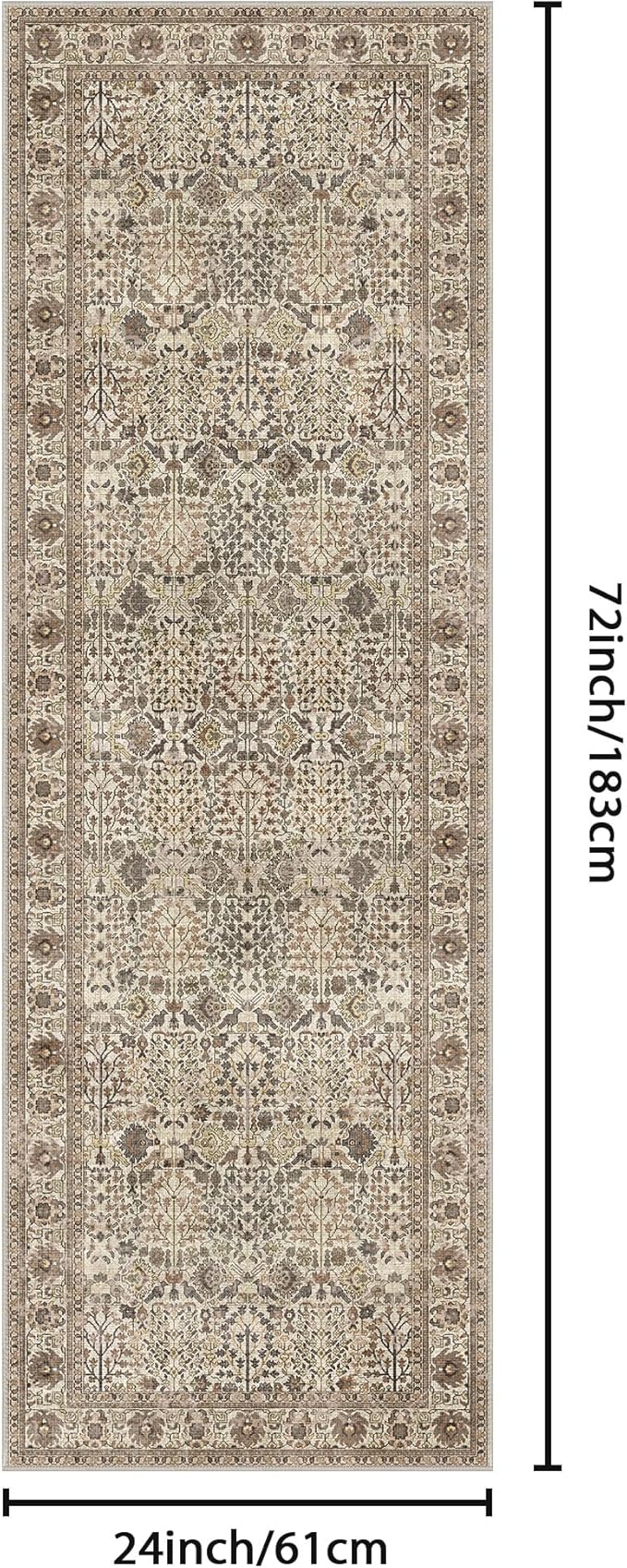 Bavni 2x6 Rug Runners for Hallways, Washable Runner Rug Non Slip,Vintage Floral Print Style Rugs for Bedroom-Lightweight Low Pile Carpet for Hallways Bathroom, Dark Espresso