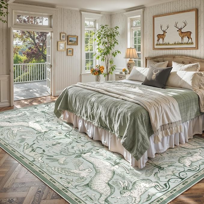 Lahome Boho Animal 6x9 Washable Living Room Area Rugs, Green Soft Rugs for Bedroom, Botanical Large Boho Non Slip Dining Room Carpet for Under Table Office Kids Playroom (6x9ft,Light Green)