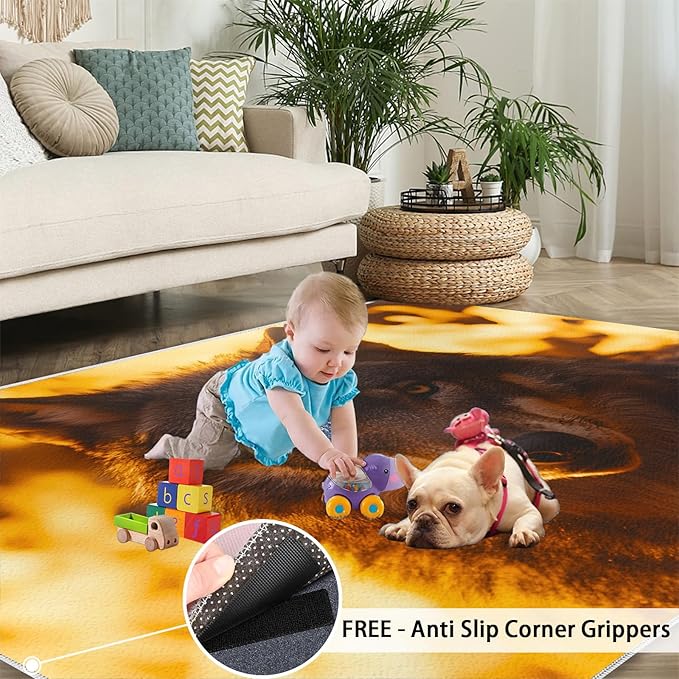 Wolf Rugs for Bedroom - 6x8 Area Rug - Timber Wolf Rugs for Living Room, Sunset Landscape Rug, Non-Slip Washable Home Decor Carpet