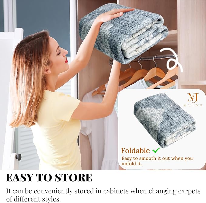 MUJOO Boho Rug 4'x6.5' Area Rugs for Bedroom Living Room Dining Room Blue Grey Rugs Machine Washable Non Slip Carpet for Office Dorm Kitchen Laundry Room Accent Soft Low-Pile Floral