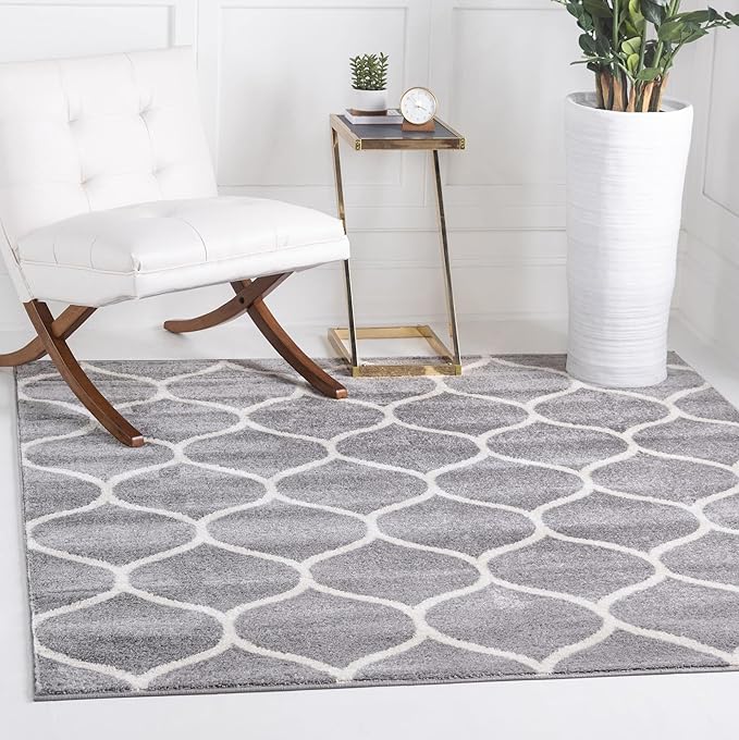 Rugs.com Lattice Frieze Collection Rug – 6' Square Light Gray Medium Rug Perfect for Living Rooms, Kitchens, Entryways