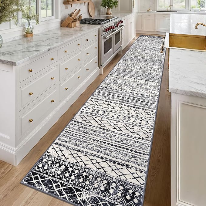 KUTA Boho Runner Rug for Hallway 2.6x16 Moroccan Washable Black Navy Blue Rugs Non-Slip Vintage Long Kitchen Runners Soft Geometric Floor Carpet for Bedroom Laundry Living Room