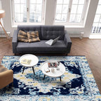 Bohemian Pattern Rectangular Area Rugs for Living Room Bedroom 5 x 6.9 ft Blue & Yellow Abstract Non-Shedding Soft Low Pile Rug Non Slip Washable Rug for Nursery Entryway Playroom