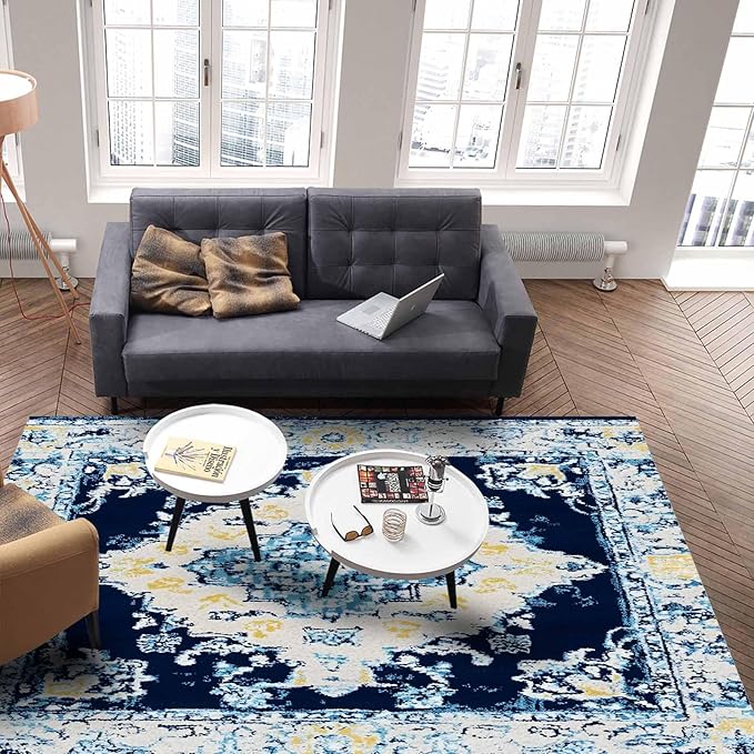 Bohemian Pattern Rectangular Area Rugs for Living Room Bedroom 5 x 6.9 ft Blue & Yellow Abstract Non-Shedding Soft Low Pile Rug Non Slip Washable Rug for Nursery Entryway Playroom