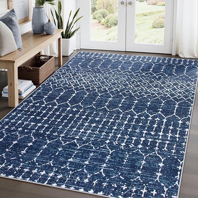 Lahome Moroccan Blue Rugs for Living Room Washable Rugs 8x10 Non-Slip Ultra-Thin Extra Large Area Rug Throw Stain Resistant Rug for Dining Room Table, Geometric Print Modren Rug for Bedroom Office