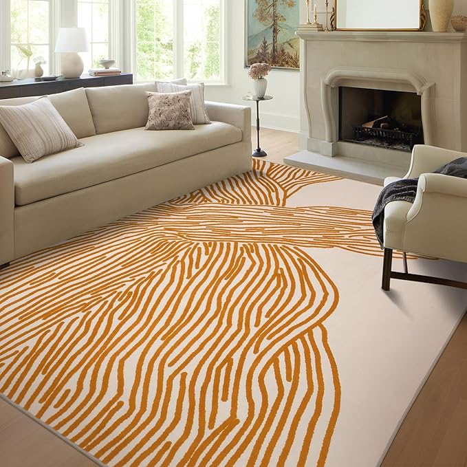 YIHOUSE Orange Rug for Living Room, 8×10 Modern Abstract Area Rug, Geometric Contemporary Wave Striped Rugs for Playroom Nursery, Washable Nonslip Large Rug for Bedroom Dining Room