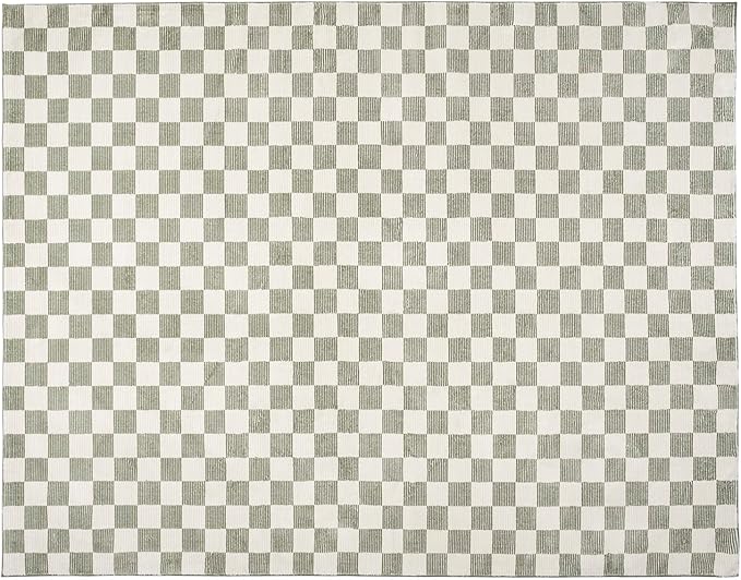 Revival Rugs Gambit 7'10"x10' Checkered Rug Washable Area Rug for Living Room Bedroom - 100% Recycled Oeko-TEX Certified, Medium Pile, Green, Beige