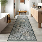 Phantoscope Washable Runner Rug 2'x10' Non-Slip, Vintage Boho Hallway Rugs for Entryway, Stair, Bedroom, Distressed Moroccan Mosaic Diamond Pattern, Low-Pile Foldable Floor Carpet, Grey Charcoal