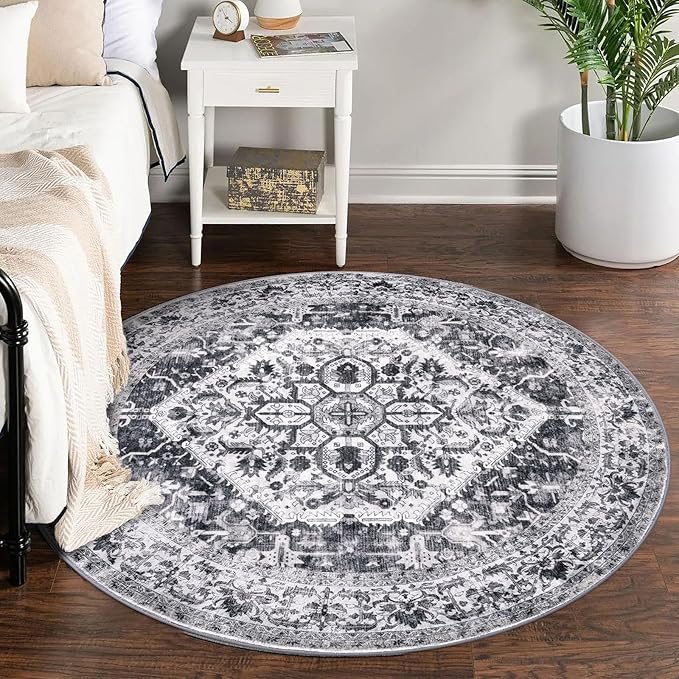 KOZYFLY Round Rug 5 Ft Rugs for Entryway Washable Circle Entrance Rug Non Slip Round Doormat Indoor Printed Faux Wool Round Front Door Mat Floor Carpet for Backdoor, Entryway, Bedroom, Grey