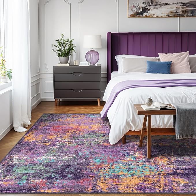 Washable Area Rugs 8'x10' Non-Slip Modern Abstract Soft for Living Room Entryway Bedroom Nursery, Print Pattern, Purple Orange Blue Green Rust Red Colorful