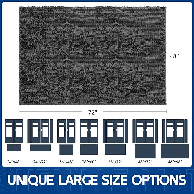 Chenille Absorbent Front Door Mat 72" x 48", Dog Door Mat for Muddy Paws, Trap Dirt Doormat, Mud Mat for Dogs, Washable Non Slip Outdoor Indoor Doormats for Entryway, Grey
