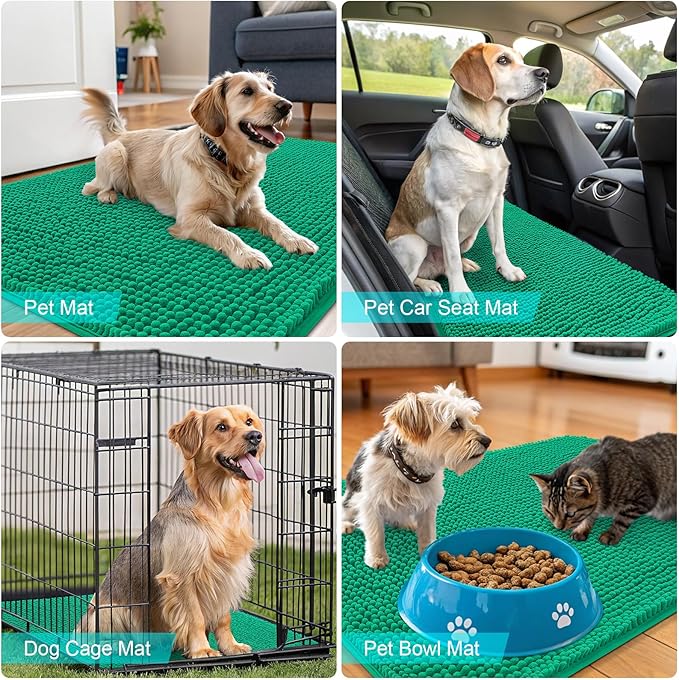 OLANLY Dog Door Mat for Muddy Paws 44x24, Absorbs Moisture and Dirt, Absorbent Non-Slip Washable Doormat, Quick Dry Chenille Mud Mat, Entry Indoor Entryway Carpet for Inside Floor, Emerald Green