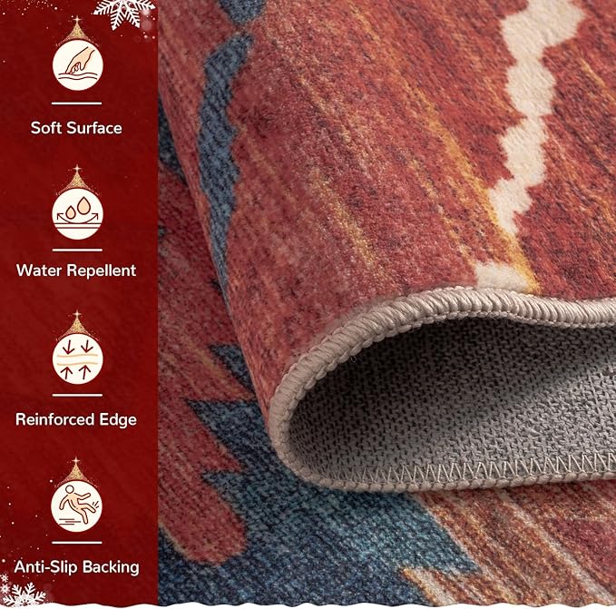 Area Rug 3x5 Rug Machine Washable Non-Slip Low Pile Print Pattern Western Rug for Living Room Bedroom Entryway Tribal Series -Red/Orange