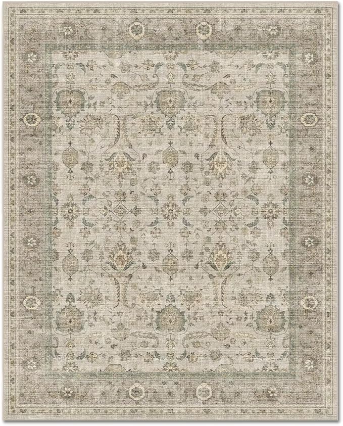 Washable 3x5 Entryway Rug, Boho Non-Slip Vintage Distress Small Rugs for Kitchen Nursery Office Bedroom, 0.3" Neutral Oriental Throw Thin Carpet with Cushioning Pad, Flaxen/Brown/Multi