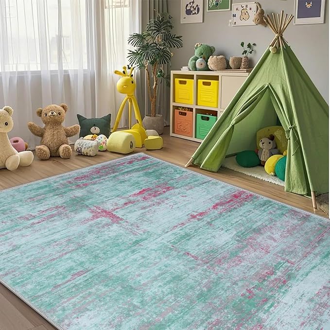 8x10 Abstract Area Rugs for Living Room, Modern Washable Indoor Rug for Bedroom, Thin Soft Large Non-Slip Carpet for Dining Room Home Office Farmhouse Decor - Abstract Green Red