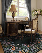 Wonnitar Washable 4x6 Rug, Black Floral Print Area Rugs for Living Room, Non-Slip Soft Rug for Bedroom, Vintage Low Pile Dining Room, Botanical Carpet for Bedside Mud Room (Black,4'x6')