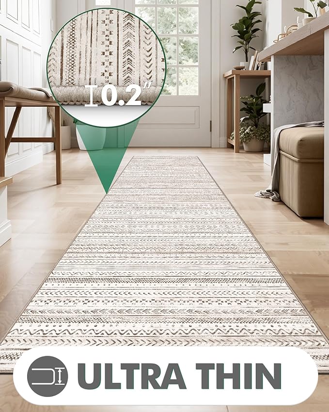 LUMI Washable Runner Rug, 3'x7' Non-Slip Hallway Mat, Low Profile Thin Long Carpeet for Laundry Kitchen Bedroom Office, White and Brown