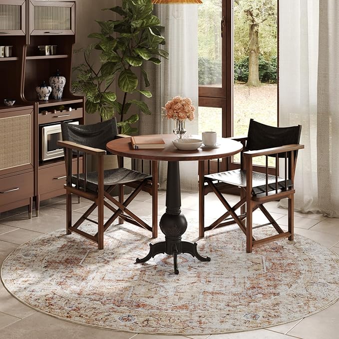 jinchan Kelda Round Rug 8ft Washable Area Rug Indoor Vintage Bedroom Floor Cover Distressed Circle Mat 8' Round Lightweight Non Slip Low Pile Thin Farmhouse Carpet for Living Room Brick Red