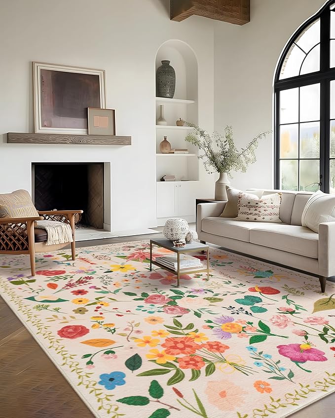 Area Rug 9x12, Washable Large Rugs for Living Room, Non Slip 0.27" Low Pile Vintage Floral Large Carpet for Bedroom, Dining Room, Kids Playroom (Beige)