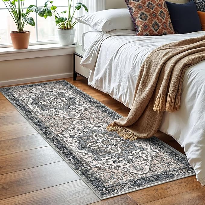 KOZYFLY Runners for Hallways 2x6 Ft Washable Kitchen Runner Rug Boho Runner Rug for Entryway Indoor Printed Oriental Faux Wool Floor Carpet Runner for Bedroom Kitchen Hall, Black/Taupe/Beige