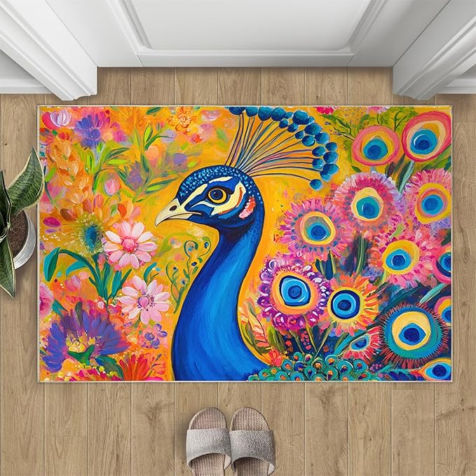 Peacock Rugs for Living Room - 3x4 Rug, Boho Floral Botanical Area Rugs for Bedroom, Wonderful Peacock Rug, Peafowl Washable Carpet, Floral Animal Carpet - Peafowl Home Decor & Gifts