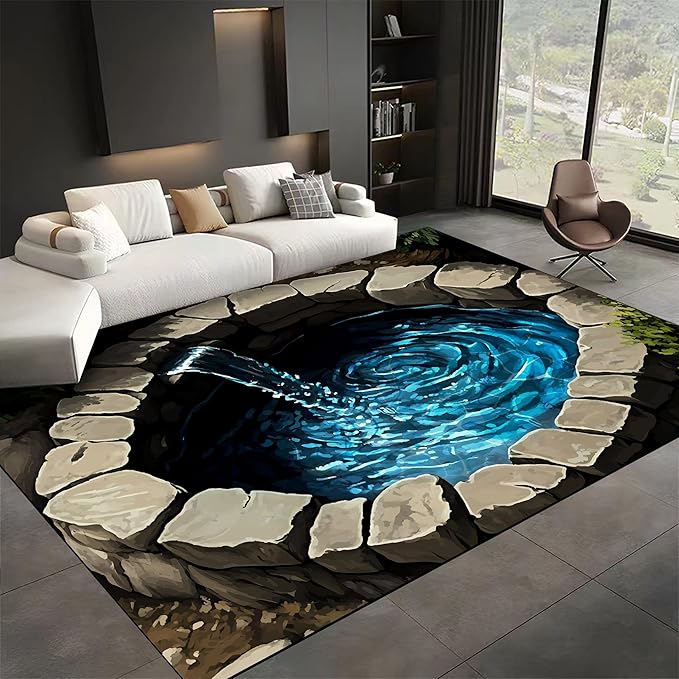 3D Well Waterfall Bedroom Carpet, 3x4ft, Visual Illusion Deep Hole Entrance Rug, Huge Stone Cracks Non-Slip Rugs, Cozy Breathable with Non Slip Backing Mat for Indoor Bedside