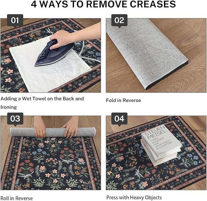 Boho Floral Machine Washable Runner Rug 2x6, Black Navy Kitchen Runner Rug Non-Slip, Super Thin Hallway Rug Runner Printed Faux Wool Soft Carpet for Entryway Bedroom Laundry Room Indoor