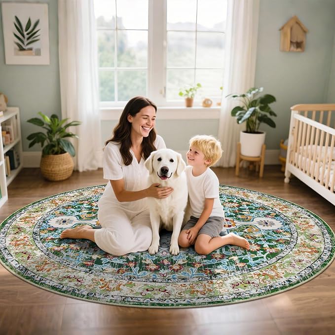 U'Artlines Boho Vintage Round Area Rug 6ft Machine Washable Low Pile Soft Floor Carpet Non Slip Non Shedding Accent Rug for Living Room Bedroom Entryway Dining Room Office Green