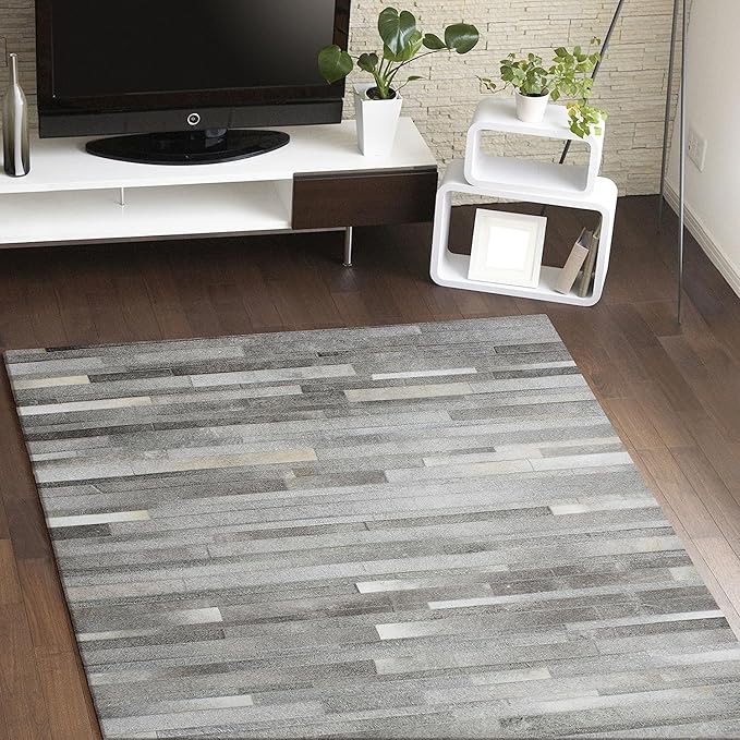 Cowhide Leather Rug for Living Room 6x9 Natural Leather Rug Modern Stripes Style Floor Carpet for Home Decor | Superior Indoor Area Rug Silver