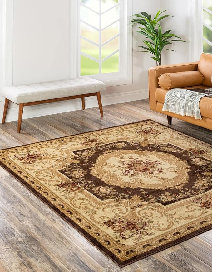 Rugs.com Chateau Collection Rug – 4 Ft Square Brown Medium Rug Perfect for Living Rooms, Kitchens, Entryways