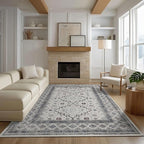 4x6 Washable Area Rug for Living Room, Carpet for Bedroom, Soft Faux Wool Retro Dining Room Rug, Non Slip&Non-Shedding Resistant Low Pile Vintage Print Rug for Home Office (White Cream/Gray)