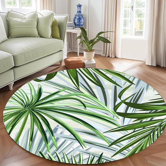 Round Rug 3ft - Pink Tropical Floral with Watercolor Leaves, Non-Slip Low Pile Circle Rug, Bohemian Jungle Turtleback Design for Dining Room Table, Living Room, Bedroom