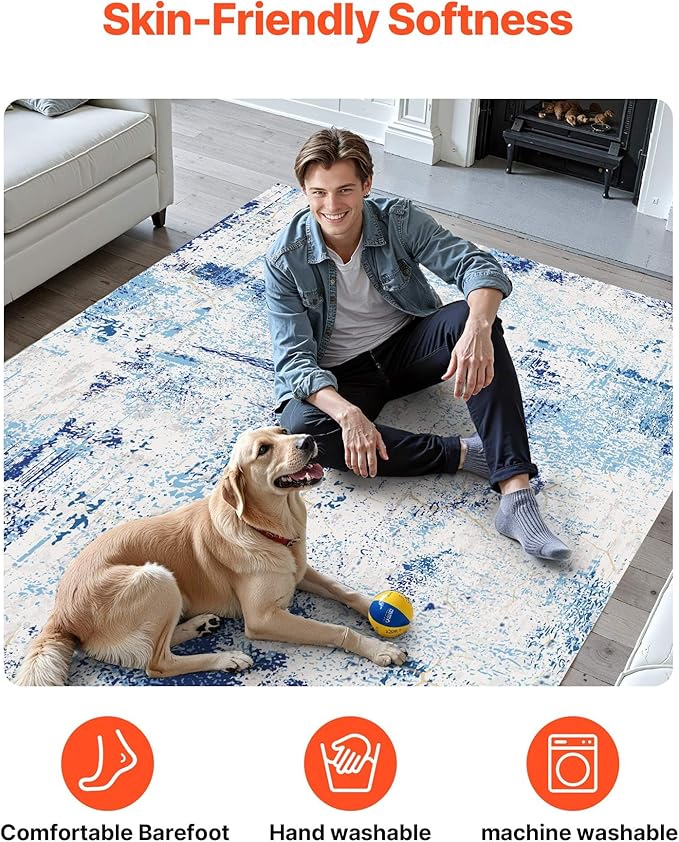 VEVOR 5 x 7 ft Area Rug Large Washable Rug Non-Slip and Tear-Resistant Soft Carpet Pet & Child Friendly Modern Area Rugs Indoor Mat for Bedroom Office Living Room Kids Room Entryway Blue